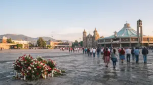 Explanada de la Basílica de Guadalupe al amanecer, con la Antigua Basílica, la Basílica moderna, peregrinos y arreglos de rosas