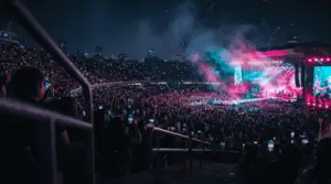 Estadio lleno de noche durante un concierto, con luces rosas y turquesa, confeti y celulares encendidos