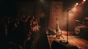 Escenario de un foro de rock con guitarra eléctrica, micrófono y batería bajo luces cálidas, con el público junto a la valla