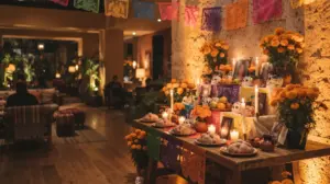 Ofrenda de Día de Muertos con flores de cempasúchil, velas y papel picado